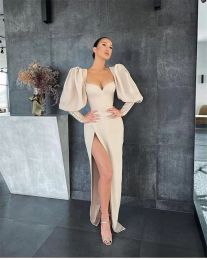 New Vintage Champagne Puff Long Sleeves Evening Dresses Side Slit Sweetheart Chiffon Satin 2022 Modern Formal Party Gown CG001