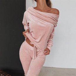 Off shoulder Velvet Women Tracksuits Women Running Sets Sports Top Long Pants Warm 2020 Spring Autumn Lounge Wear Suits GV961 T200702