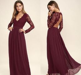 Chic Burgundy Lace Bridesmaid Dresses 2021 V Neck Long SLeeves Backless Maid Of Honour Gowns Chiffon A Line Wedding Guest Prom Dress AL8546