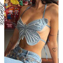 Rockmore Butterfly Backless Crop Tops Women Denim Tank Tops 2000s Aesthetic Chic Y2K E Girl Sexy Camis Fairycore Grunge Outfits Y220308