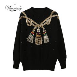 Winter Christmas Runway Women Pullovers Sweaters Luxury Beading Vintage Ladies Knitted Jumper Clothes C-024 201201