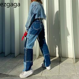 Ezgaga Patchwork Jeans Women Color Block High Waist Tassel Contrast Trouser Casual Streetwear Denim Pants Ladies Pockets Fashion LJ201029