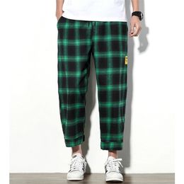 Men's Joggers Plaid Pants Men Elastic Cropped Cotton Trousers Mens Shorts Summer Casual Streetwear Loose Short Sweatpants Male 201113