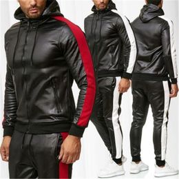 Man Panelled PU Leather Tracksuits Fashion Trend Long Sleeve Zipper Hooded Tops PU Trousers Sets Designer Male Pocket Slim Casual Sportswear