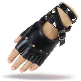 1 Pair Half Finger PU Leather Gloves Women Rock Punk Style Rivet Fingerless Black Gloves New Mittens Luvas