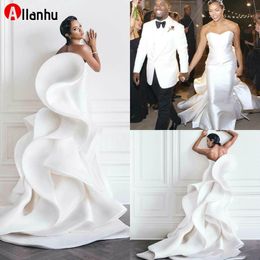 NEW! 2022 Cheap Ruffles White Wedding Dresses Sweetheart Sweep Train Tiered Skirts Satin Mermaid Wedding Gowns African Plus Size Bridal Dress