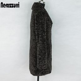 Nerazzurri winter faux fur coat women slim fit turn-down collar long sleeve black teddy coat plus size faux fur jacket 5xl 6xl 201212