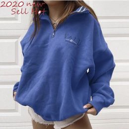 Autumn Grey Letter Embroidery Sweatshirt Women Oversized Vintage POLO Collar Casual Pullovers New Girls Warm Cotton Winter 201204