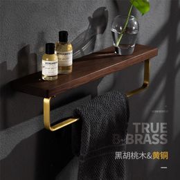 American Black Walnut Wood Bathroom Hardware Set Creative Towel Ring Cosmetics Mirror Front Shelf Wall Mounted Brass Shaver Rack LJ201209