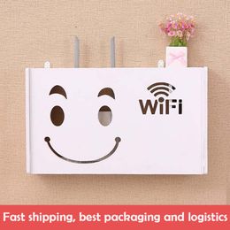 New Wifi Router Shelf Storage Boxes Cable Power Plus Wire Bracket Storage Box Wood-Plastic Wall Shelf Hanging Plug Bracket Box LJ200812