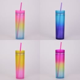 16 Oz Gradient Colour Tumblers with Lids and Straws Reusable Rainbow Skinny Tumblers for Summer Party Juice Drinks