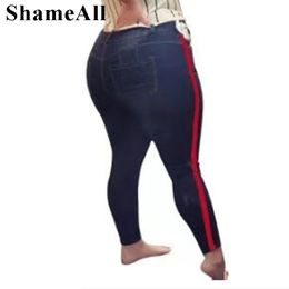 Plus Size Side Stripe Pencil Pants Patchworked High Waist 4XL Women Streetwear Slimming Fitness Long Denim Trousers Mom Jeans 201105