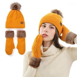 2Pcs Women Winter Faux Fleece Lined Warm Cable Knit Pompom Beanie Hat Gloves Set M2EA1