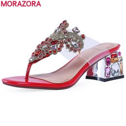 MORAZORA new genuine leather women slippers rhinestone square high heels Crystal summer flip flops ladies shoes Y200423