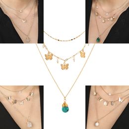 -cadenas de oro piedra natural colgante de mariposa cuello gargantilla collar de múltiples capas de la joyería de moda las mujeres collar de envoltura de regalo voluntad y de arena