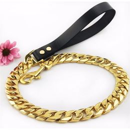 Dog Leash Pet Collar Lead Stainless Steel Super Strong Gold Collar Chain Customised 32mm Bulldog Pitbull Large Dog Collar Leash 20204E