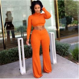 Womens Solid Colour 2Pcs Sets Fashion Trend Long Sleeve Short Tops Wide Leg Pant Suits Designer Female Winter New Casual Slim Tracksuits