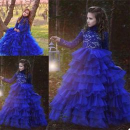 Blue Flower Girls Dresses Long Sleeves Lace Tiered Tulle First Communion Dress High Neck Sweep Train Custom Made Kids Pageant Dress