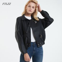 Autumn Winter Oversize Bomber Jacket Black Stand Collar Sleeve Pu Leather Motorcycle Women Clothing Outerwear 210423