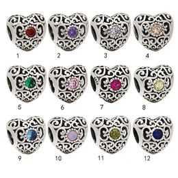 100% 925 Sterling Silver Hollow Birthstone Heart Charm Fit Original European Charm Bracelet Fashion Women Jewellery Accessories