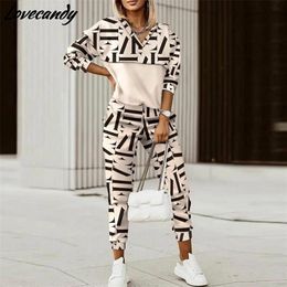 Spring Autumn Women Fashion Print Splicing Tracksuits Two Piece Sets Female Casual Long Sleeve V Neck Top Jogging Pant Suit 220315