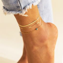 2022 3Pcs/Set Boho Thin Snake Chain Ankle Bracelet On Leg Foot Jewelry Accessories Turquoise Summer Beach Barefoot Sandals