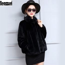 Nerazzurri Autumn short light faux fur jacket women long sleeve high waist Plus size Fashion 5xl 6xl 7xl Pleated fake fur coats 201215