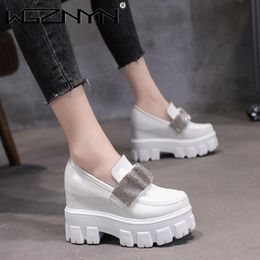 Women Chunky Sneakers 2022 Autumn 10CM High Heels Casual Shoes Thick Soled Slip-on Leather Shoes Wedge Platform Bling Sneakers