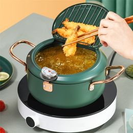 Kitchen Gadgets Japanese Style Fryer with Lid and Thermometer Home Mini Induction Cooker Gas Fryer Japanese Style Small Oil Pan 201223