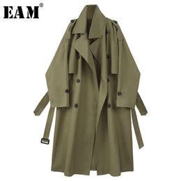 [EAM] Women Army Green Big Size Long Trench New Lapel Long Sleeve Loose Fit Windbreaker Fashion Tide Spring Autumn 1X199 201102