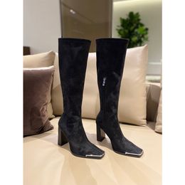 new autumn and winter new metal square head elastic boots winter style high-heeled lacquered leather sleeve knight boots but k
