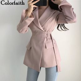 Colorfaith New Autumn Winter Women Jackets Office Ladies Lace up Formal Outwear Elegant Solid Pink Black Tops JK7042 201112