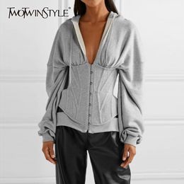 TWOTWINSTYLE Casual Tunic Irregular Sweatshirts Female V Neck Long Sleeve High Waist Slim Women's Hoodies Fashion Clothing 201030