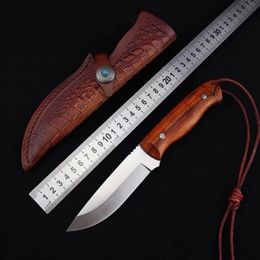 1Pcs Outdoor Survival Straight Hunting Knife VG10 Satin Drop Point Blade Ebony Handle Fixed Blade Knives With Leather Sheath