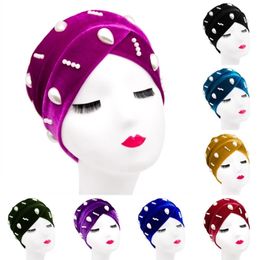 Velvet Pearl Beaded Party Top Hat Ramadan Headwear Female Headscarf Beanies African Muslim Women Turban Cap Fashion Hijab Bonnet