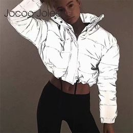 Jocoo Jolee Women Fashion Night Reflection Jacket Oversized Cotton Cropped Coat Warm Thick Overcoat Loose Zipper Outwear 201017