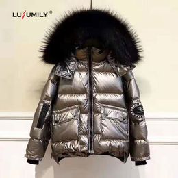 Lusumily Women's Down Jacket Winter Loose Short Warm Coats White Duck Down Parka Large Faux Fur Collar Glossy Outwear Female T200114