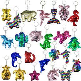 Party Favour Sequined key chain bag pendant Mini Key Chains animal dolphin pineapple hummingbird bear cactus cat Key Chain Gift ZC897