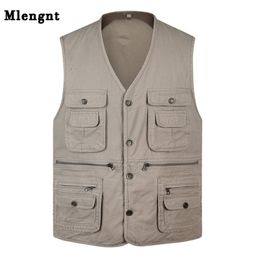 Classic Summer Men Vest Cotton Button Multi Pocket 3 Colors Sleeveless Jacket With Many Pockets Solid Big Size Travel Waistcoat 201126