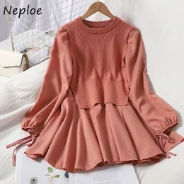 Neploe Autumn Fashion Knitted Patchwork Fake Two Piece Dress Elegant Solid Colour Ball Gown Dresses Korean Pullover Vestidos Y0118