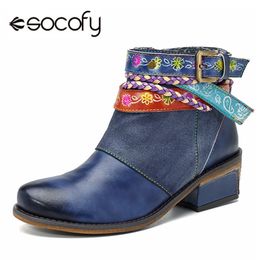 Socofy Botas de Couro Genuíno Botas Vintage Bohemian tornozelo Botas Mulheres Sapatos Zipper Low Heel Senhoras Sapatos Mulher Botas Mujer 2020 LJ201030