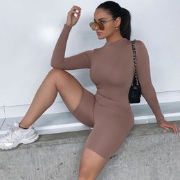 Sexy Zipper Sporty Rompers Womens Jumpsuit Fashion Full Sleeve Elastic Bodycon Romper Solid Biker Shorts Tracksuit Playsuits T200704