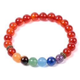 7 Chakra Red Onyx Bracelets Natural Crystal Stones Yoga Reiki Balance Bronze Bracelet Elastic Simple Jewelry Women Men