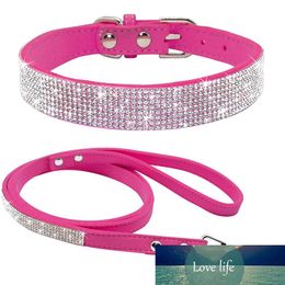 Leather Adjustable Suede Leather Puppy Dog Collar Soft Rhinestone Small Medium Dogs Cats Collars Walking Leashes Pink Xs S M