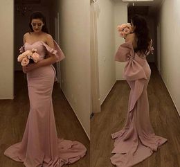 Blush Pink Bridesmaid Dresses Big Bow Mermaid Maid Of Honour Dress Elegant Off The Shoulder Long Satin Formal Wedding Guest Gowns