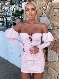 DGIRL Hollow Out Pink Party Dress Women Puff Sleeve Off The Shoulder Fashion Strap Zipper Ruched Outfit Short Sexy Bodycon Dress Y220214