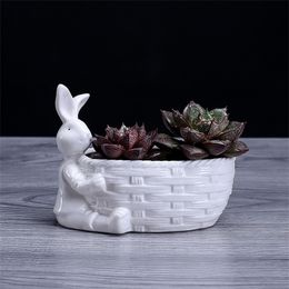 Porcelain Bunny Figurine Succulent Plant Pot Decorative Desktop Ceramics Rabbit Flower Planter Garden Ornament Craft Accessories Y200709