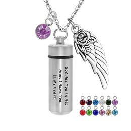 God Has You in His Arms Aluminum Alloy Cylinder Cremation Ashes Urn Jewelry With 12 Birthstones Memorial Pendant Ashes Necklace