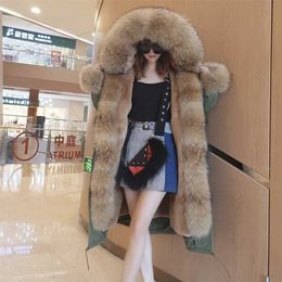 Winter , female long coat, warm black waterproof park with movable natural fur 211220