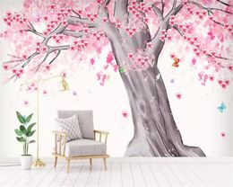 Beibehang photo wallpaper Modern High quality silk material watercolor cherry Pink tree landscape background wall 3d